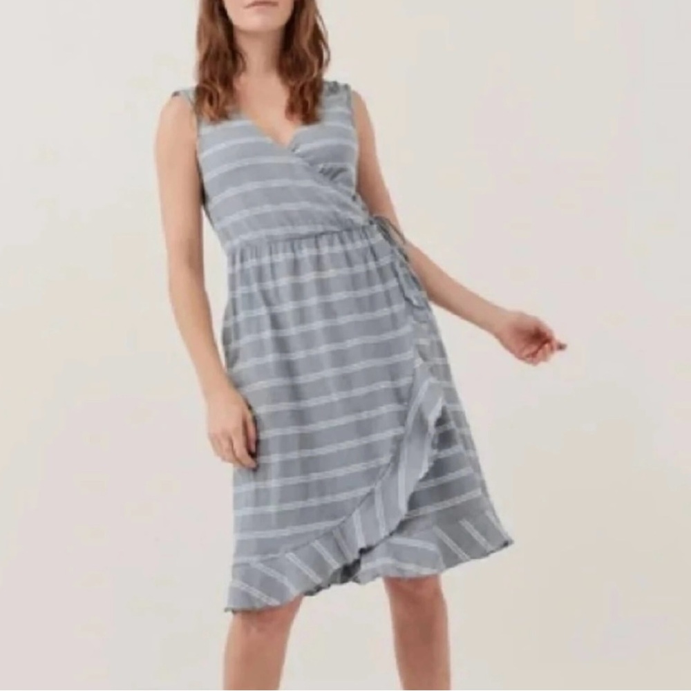 Pact Women’s Grey White Stripe V Neck Wrap Midi Dress Jersey